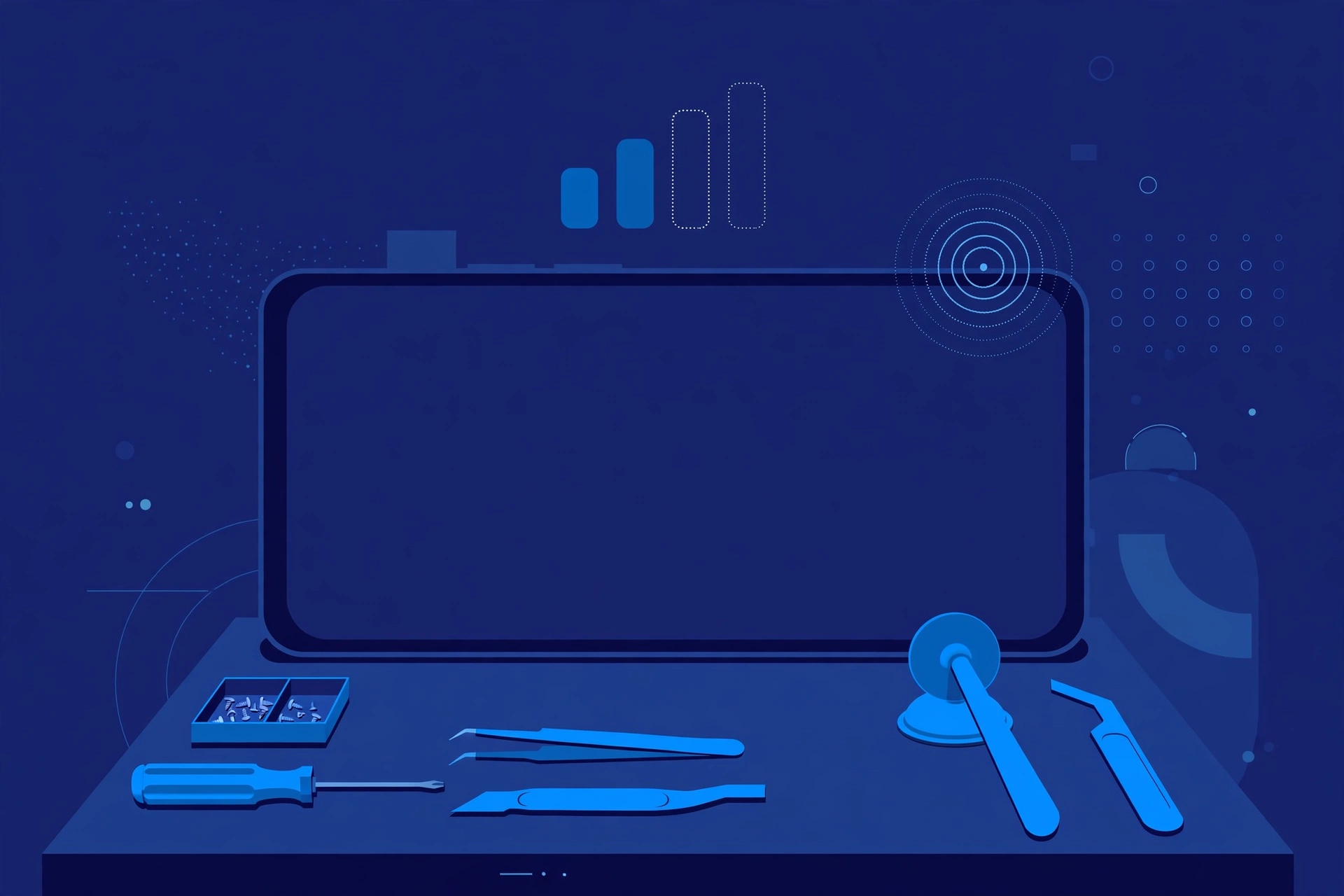 Original illustration of a large smartphone with signal bars fading to an empty outline and a small search ripple, with blue repair tools on a workbench