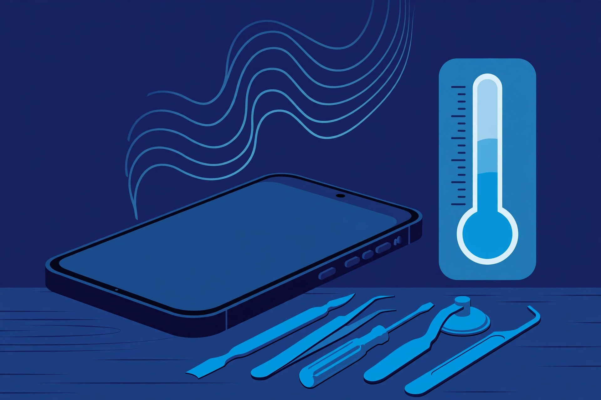 Original illustration of a large smartphone with gentle heat-wave lines rising from it beside a thermometer-style gauge and blue repair tools on a workbench