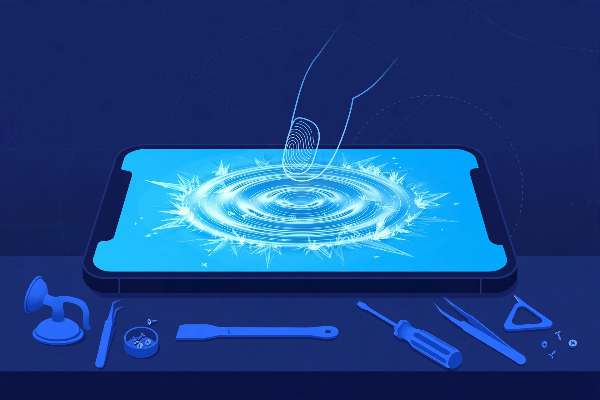 Original illustration of a smartphone with a glowing display and a fingertip outline tapping a frozen ripple on the screen, with blue repair tools on a workbench