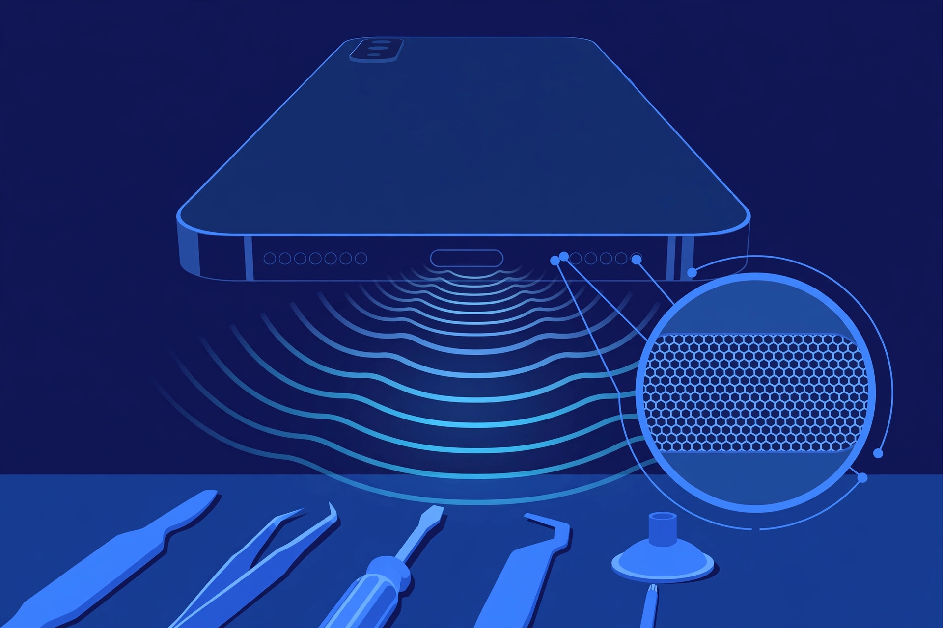 Original illustration of a smartphone with sound waves coming from its bottom speaker grille, a magnified view of the speaker mesh, and blue repair tools on a workbench