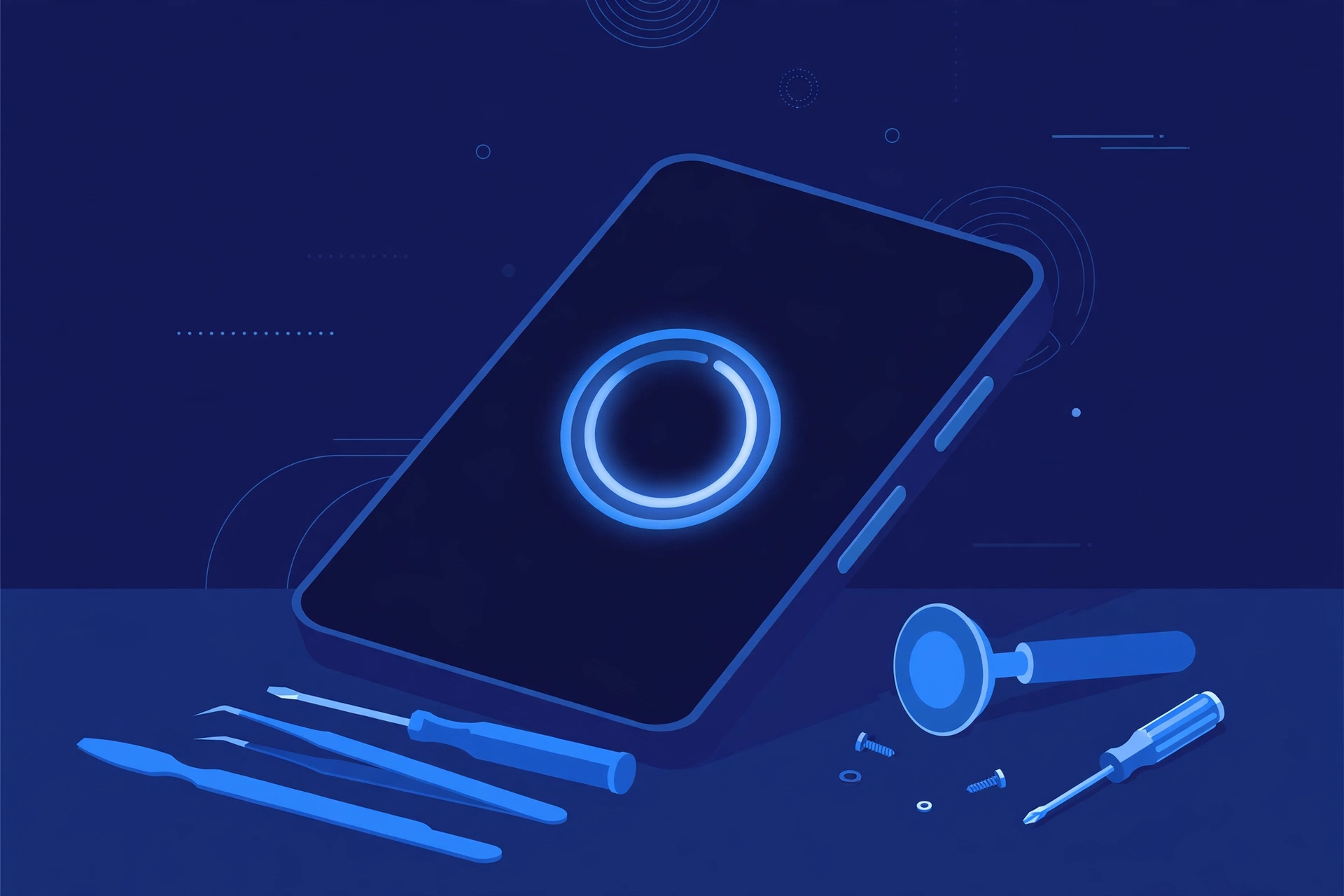 Original illustration of a large smartphone showing a glowing circular progress ring on a dark screen, with blue repair tools on a workbench