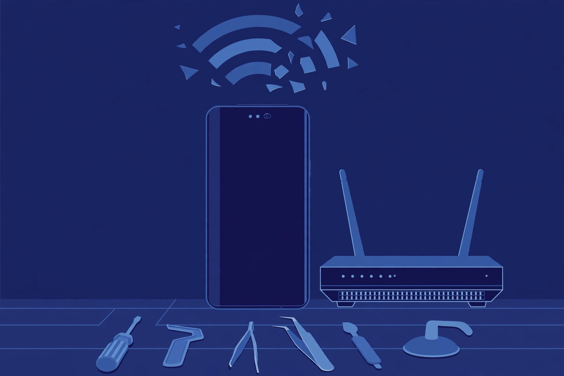 Original illustration of a smartphone with a Wi-Fi signal symbol breaking apart above it, a home router beside it, and blue repair tools on a workbench