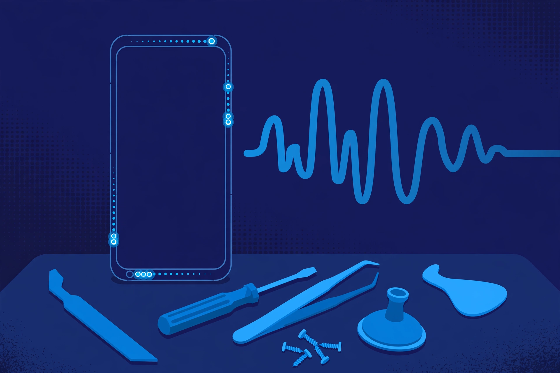 Original illustration of a smartphone with a voice waveform beside it and tiny microphone openings highlighted along the phone edges, with blue repair tools on a workbench
