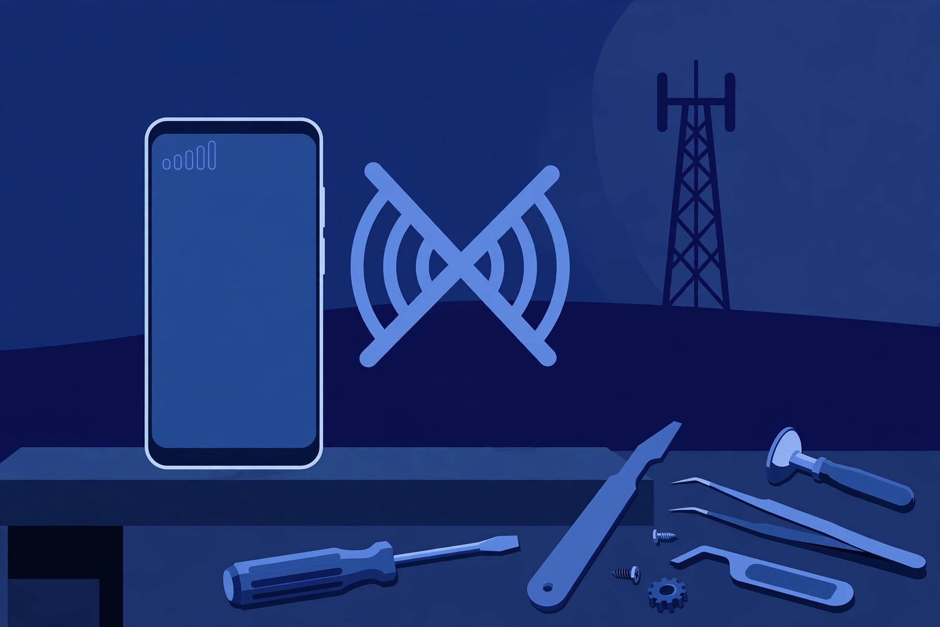 Original illustration of a compact smartphone with empty signal bars and a crossed-out antenna wave symbol, a cell tower silhouette behind it, and blue repair tools on a workbench