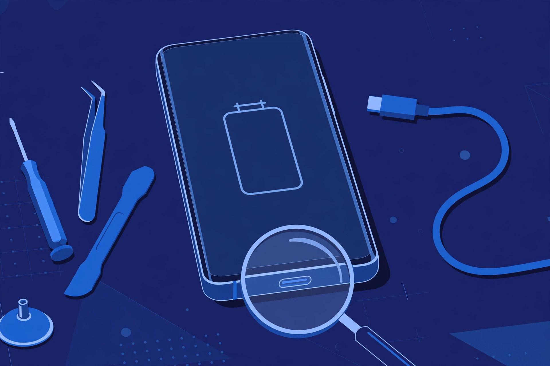 Original illustration of a smartphone with an empty battery outline on its screen, an unplugged USB-C cable beside it and a magnifier over the charging port, with blue repair tools on a workbench