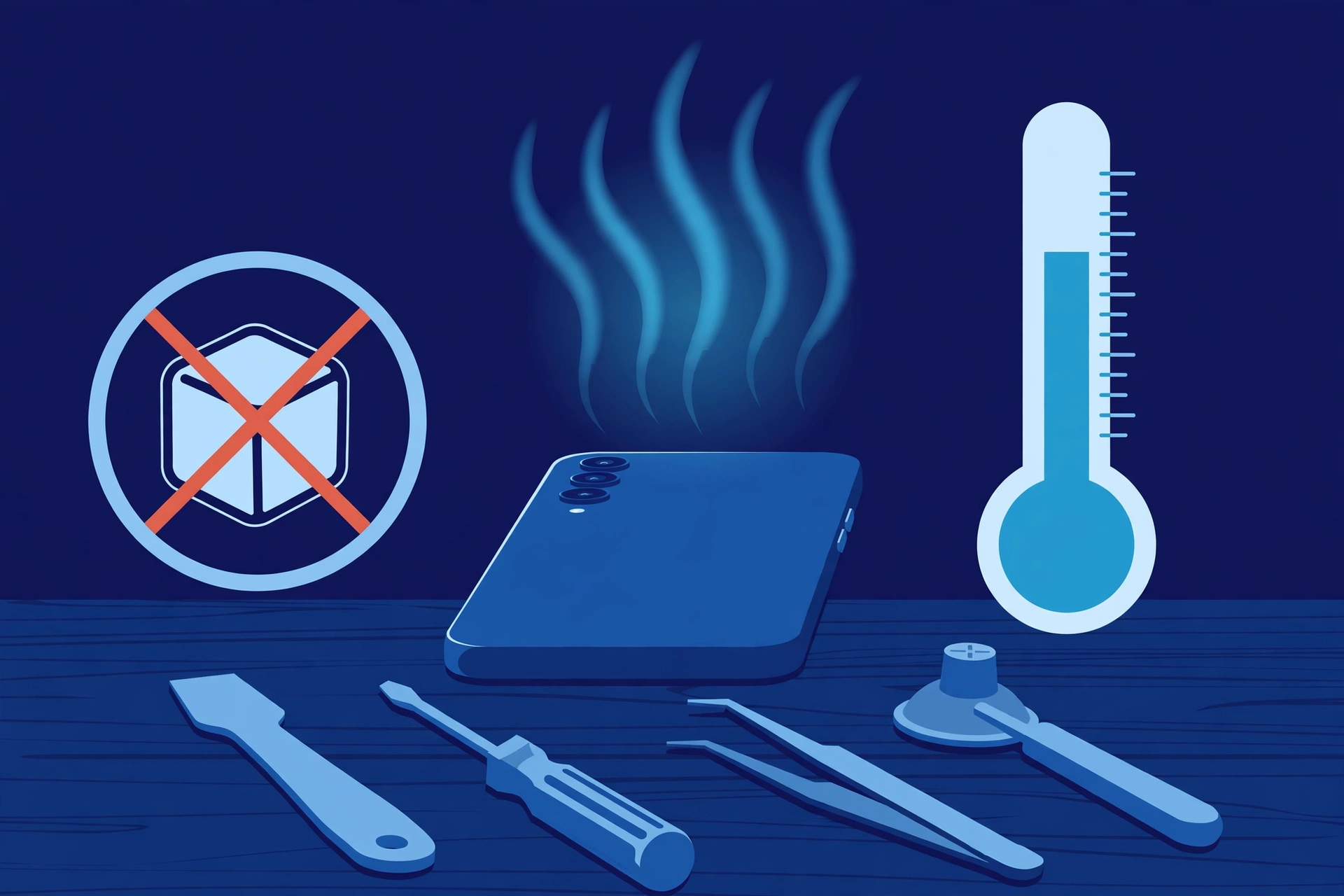 Original illustration of a smartphone with gentle heat-wave lines rising from it beside a thermometer and a crossed-out ice cube symbol, with blue repair tools on a workbench