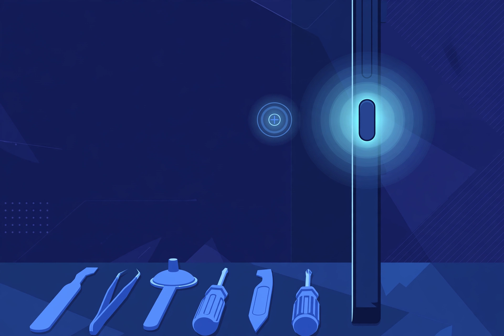 Original illustration of the side edge of a smartphone with its power button highlighted by a glowing ring, an on-screen assistive touch circle beside it, and blue repair tools on a workbench