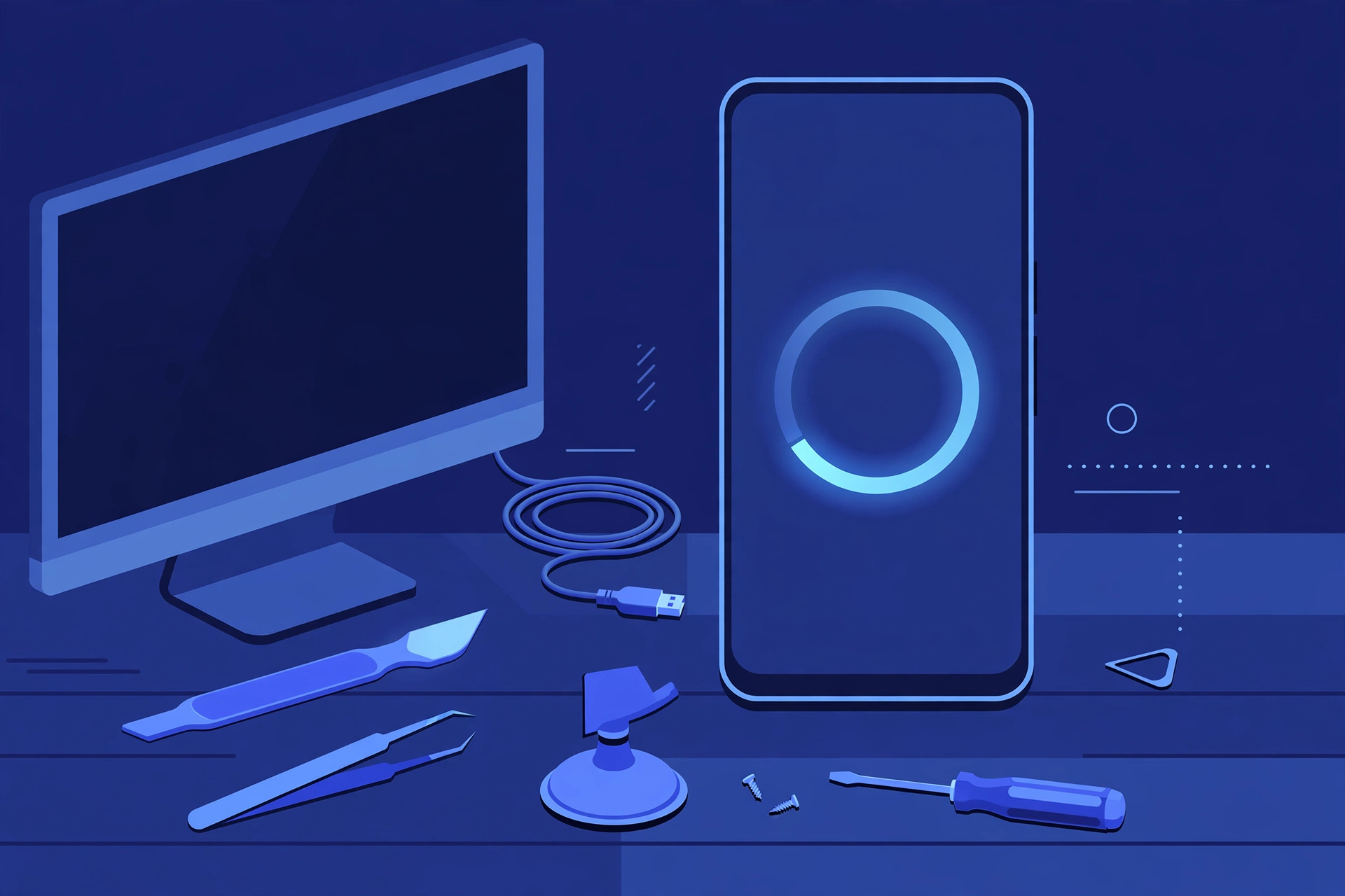 Original illustration of a compact smartphone showing a glowing circular progress ring on a dark screen, with a computer monitor, a coiled cable and blue repair tools on a workbench