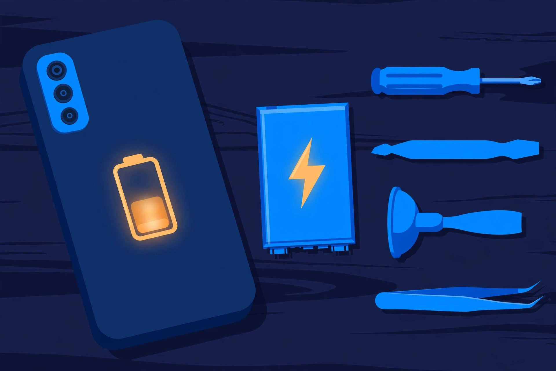 Original illustration of a smartphone with a low battery gauge beside a replacement battery pack and blue repair tools on a workbench