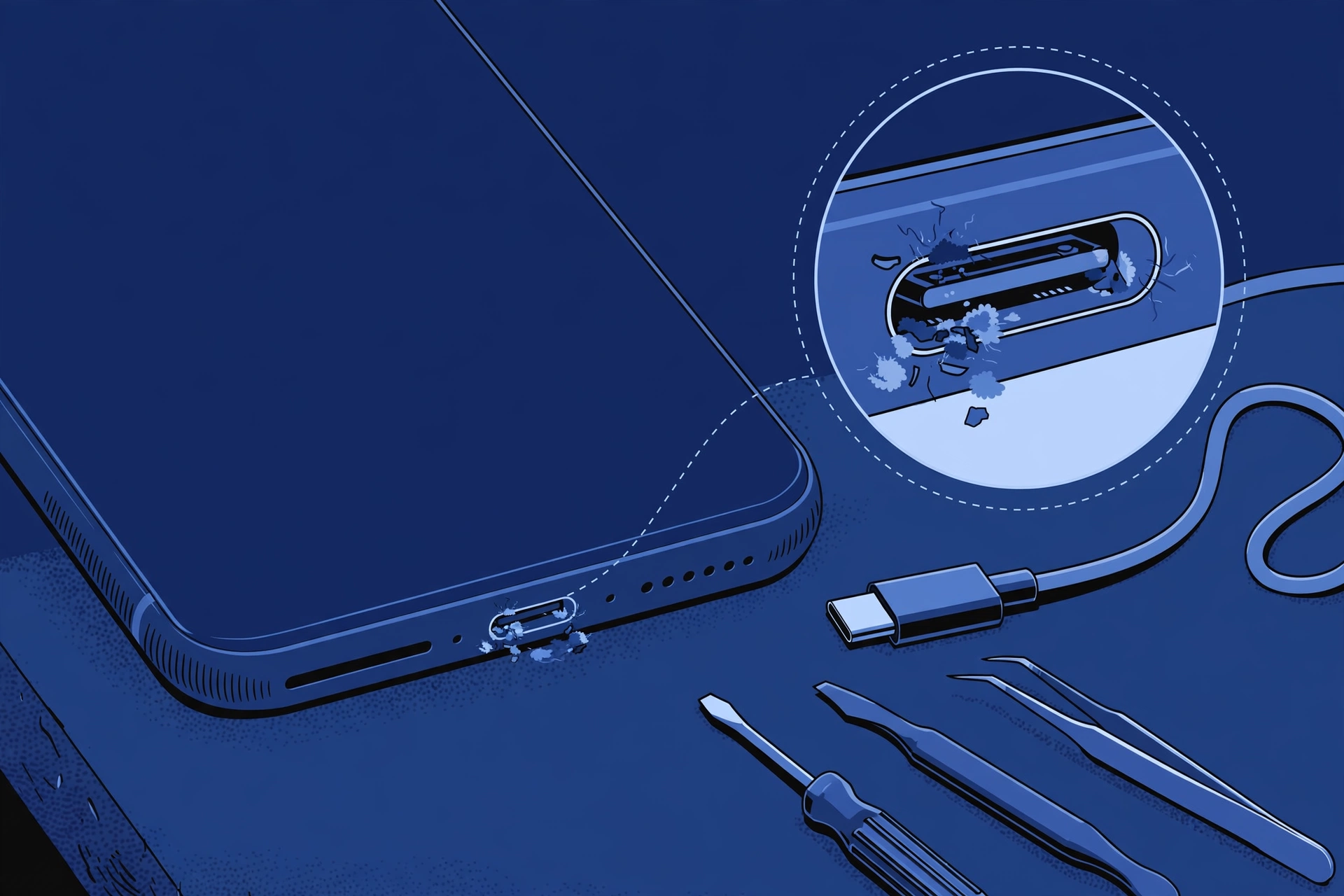 Original illustration of a smartphone's bottom edge with a USB-C cable unplugged beside it, a magnified view inside the charging port showing lint and debris, and blue repair tools on a workbench