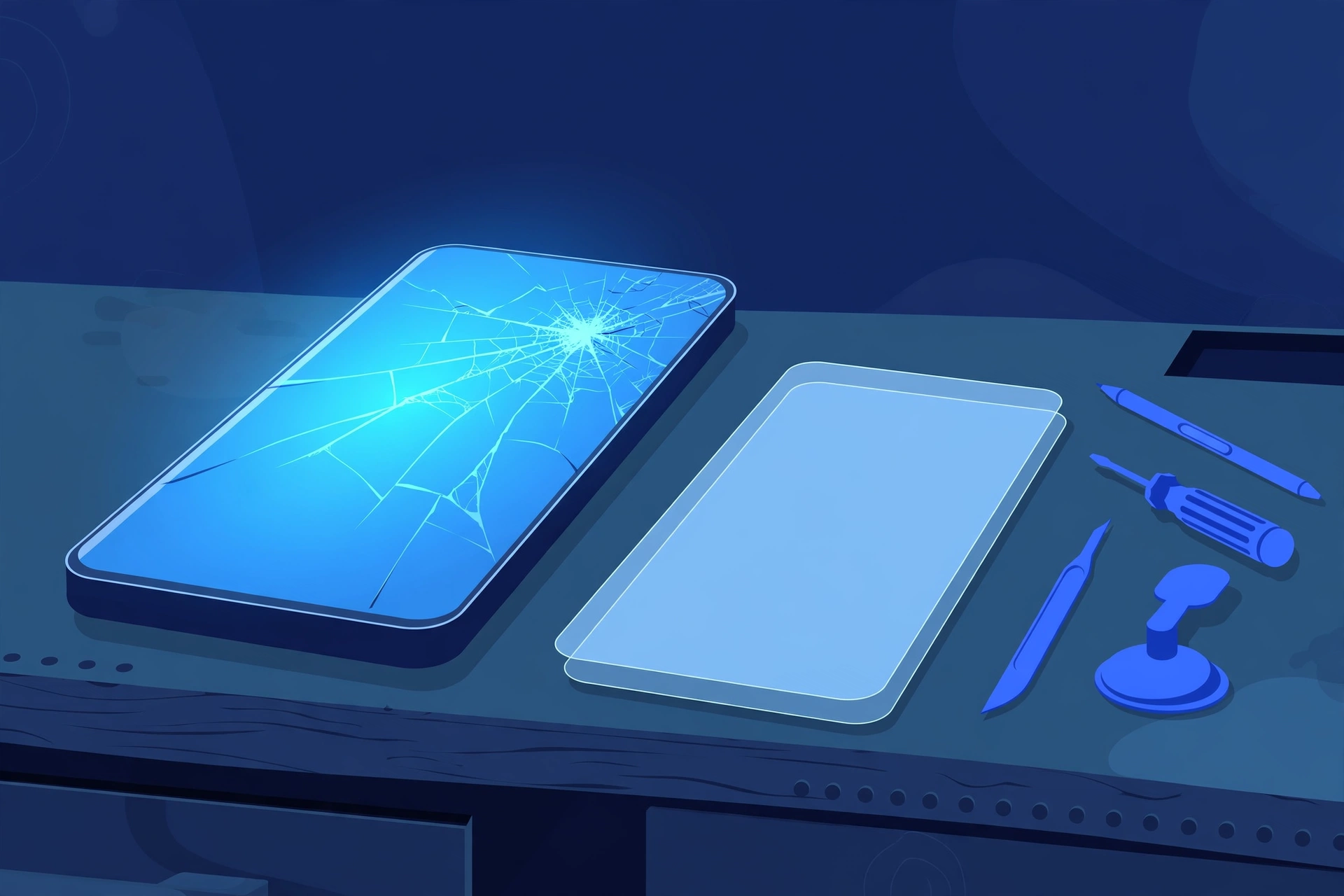 Original illustration of a large smartphone with a crack radiating across its bright display beside a pristine replacement display panel, a stylus and blue repair tools on a workbench